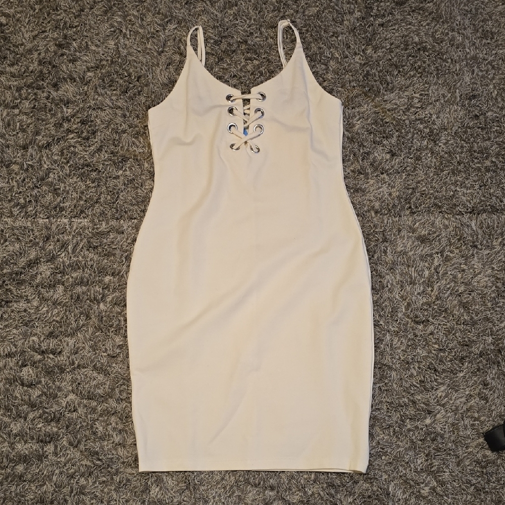 Haute Monde Cream Lace-Up Mini Dress